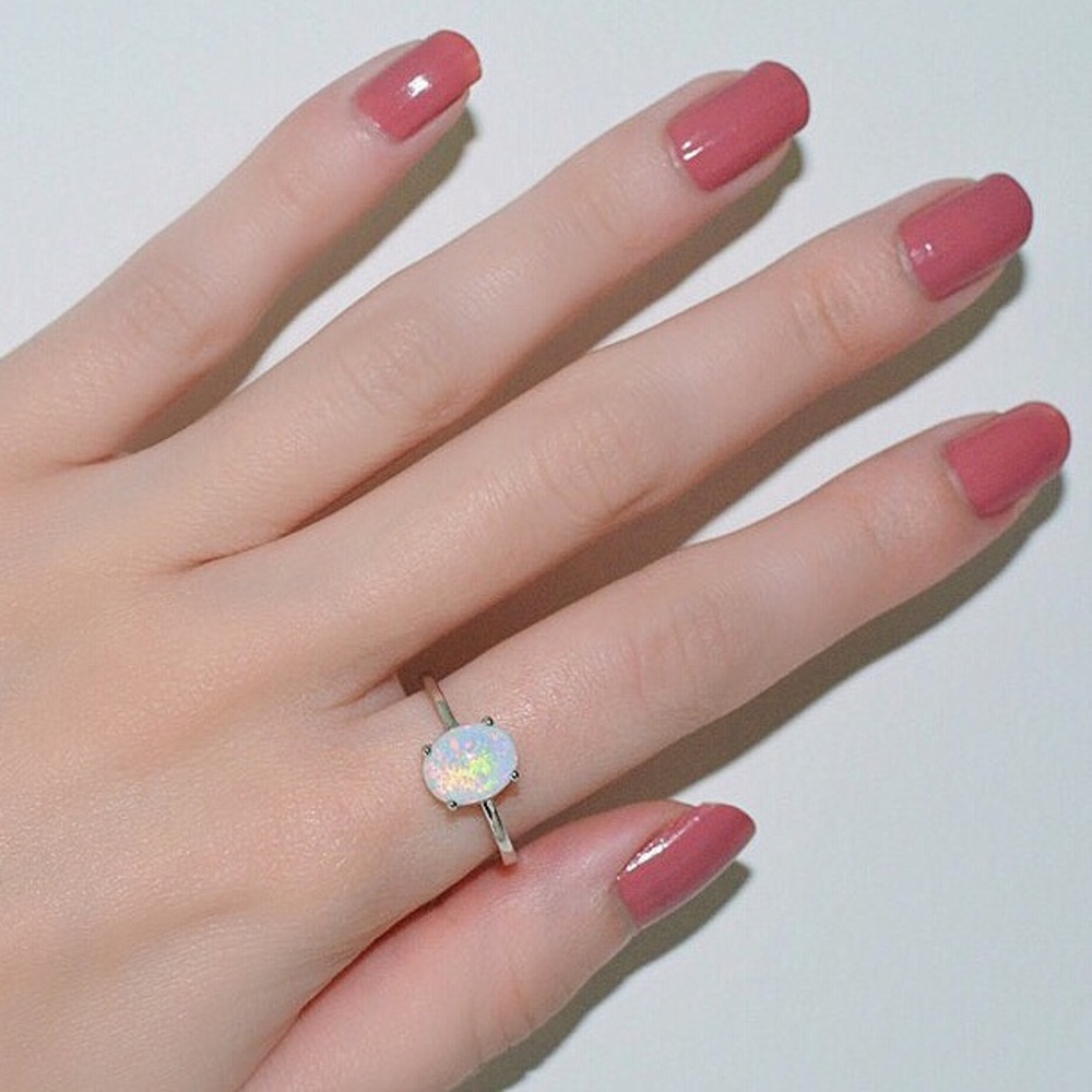 .925 Sterling Silver Solid White Opal Oval Ring - Picture 2 of 6